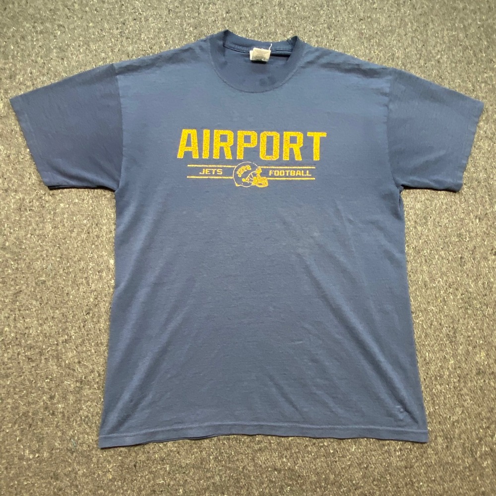 Jerzees T Shirt L Blue Mens Vintage Airport Jets‎ Football Heavyweight Blend